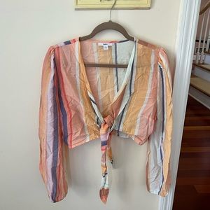 Bar III Rainbow Pastel Stripe Long Sleeve Cropped Top with Tie in Front Detail